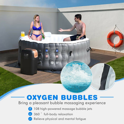 Inflatable Hot Tub with 108 Massage Bubble Jets and Headrest-Grey
