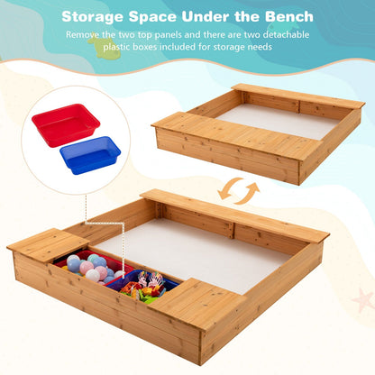 Kids Wooden Sandbox with Bench Seats and Storage Boxes