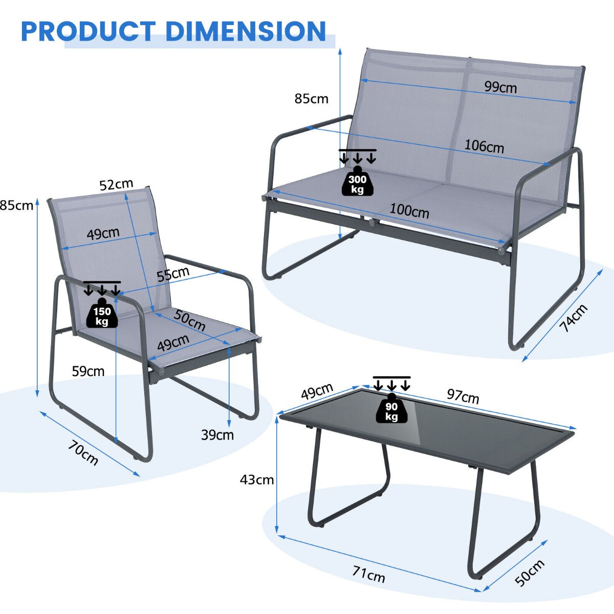 4 Piece Garden Patio Bistro Furniture Set with Loveseat, Coffee Table and 2 Chairs