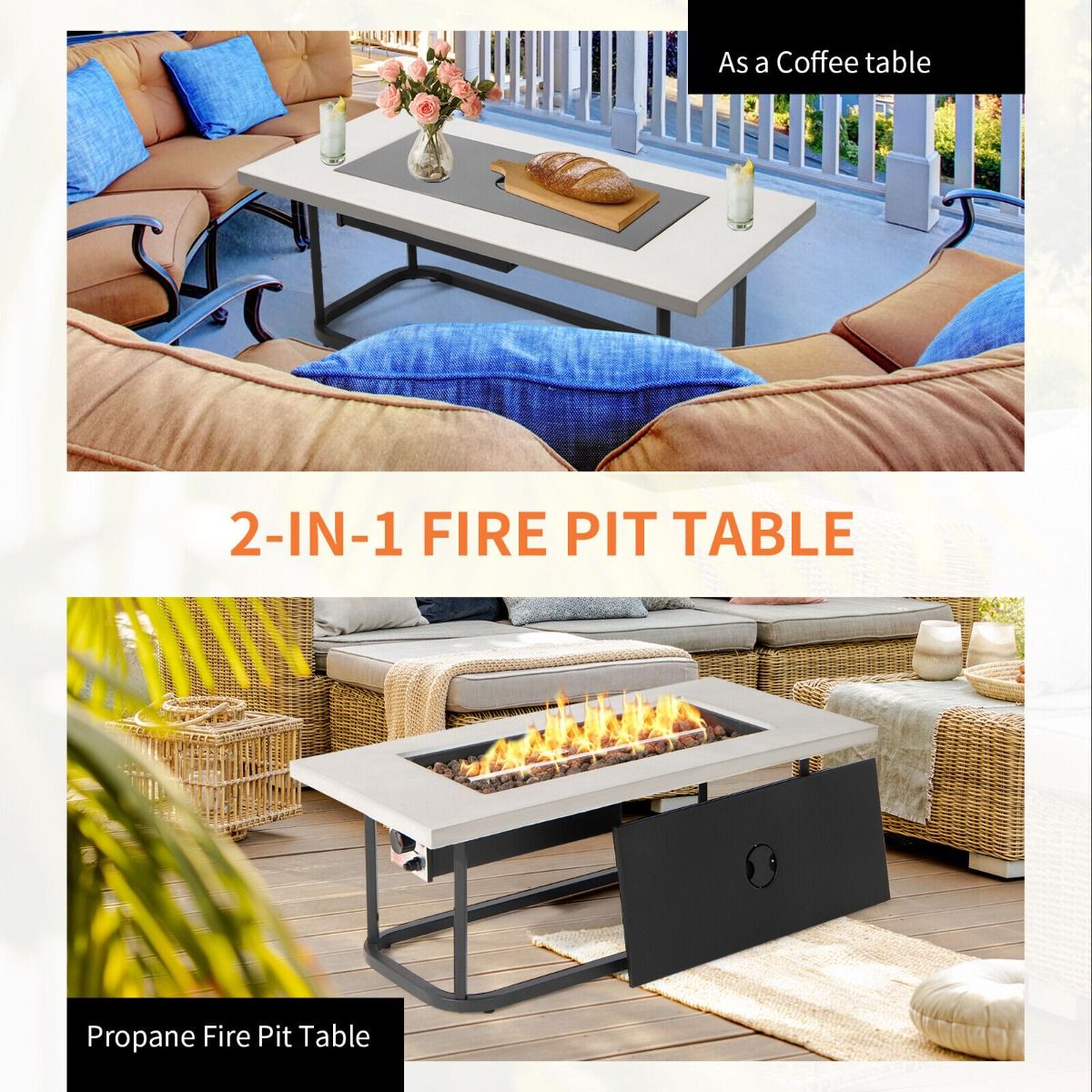 16 KW Propane Fire Pit Table with Waterproof PVC Cover and Lid-Grey