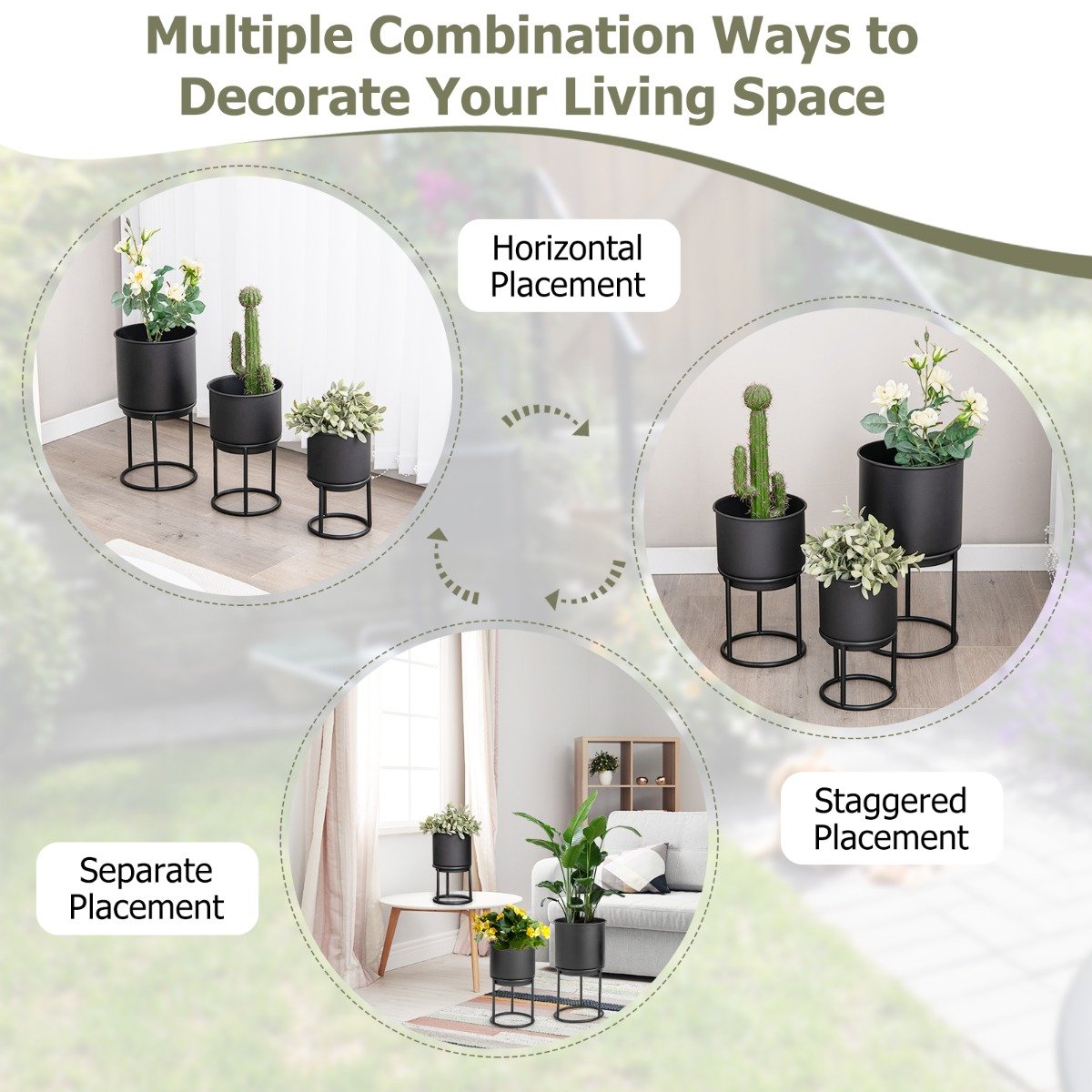 Metal Planter Pot Stand Set of 3-Black