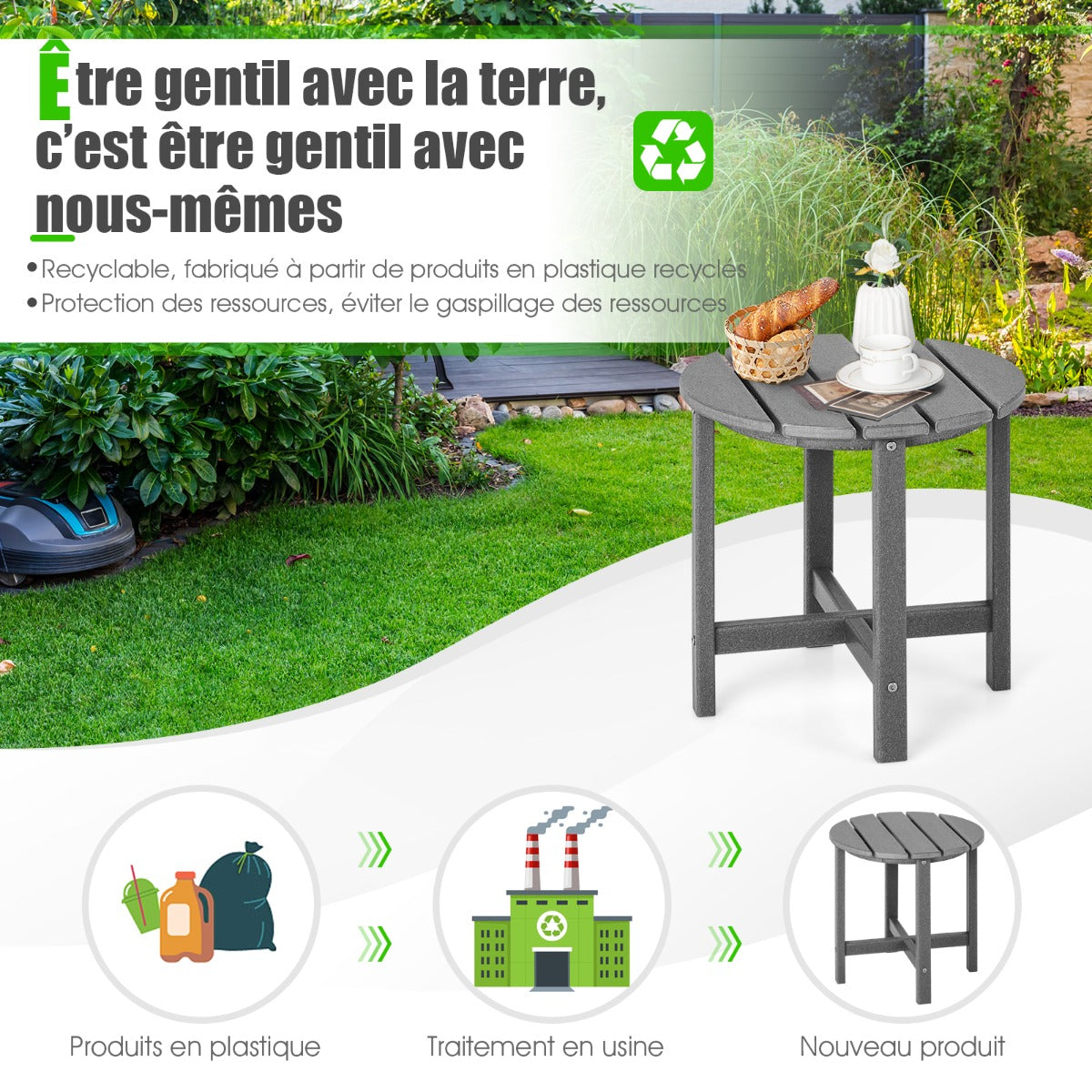 Side Table with Weather-Resistant Material for Patio/Porch/Garden-Grey