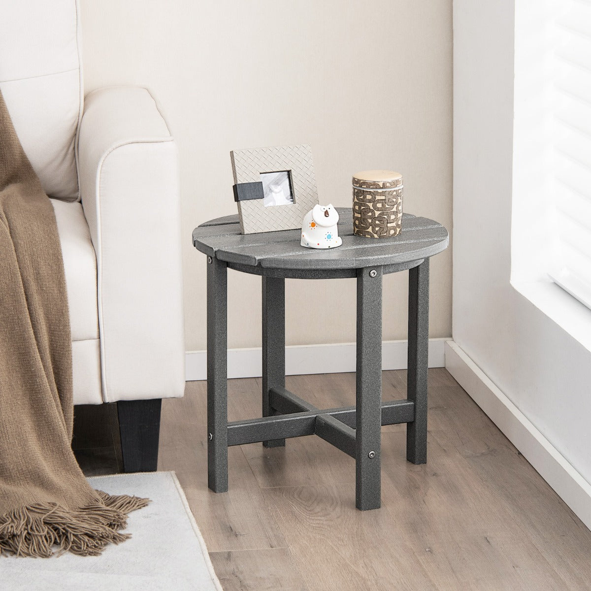 Side Table with Weather-Resistant Material for Patio/Porch/Garden-Grey