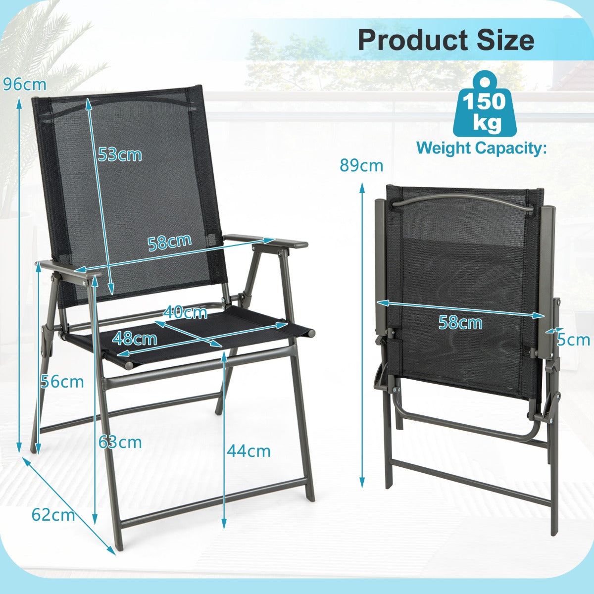 2 Piece Patio Folding Dining Chair Set with Weather-resistant Fabric-Black
