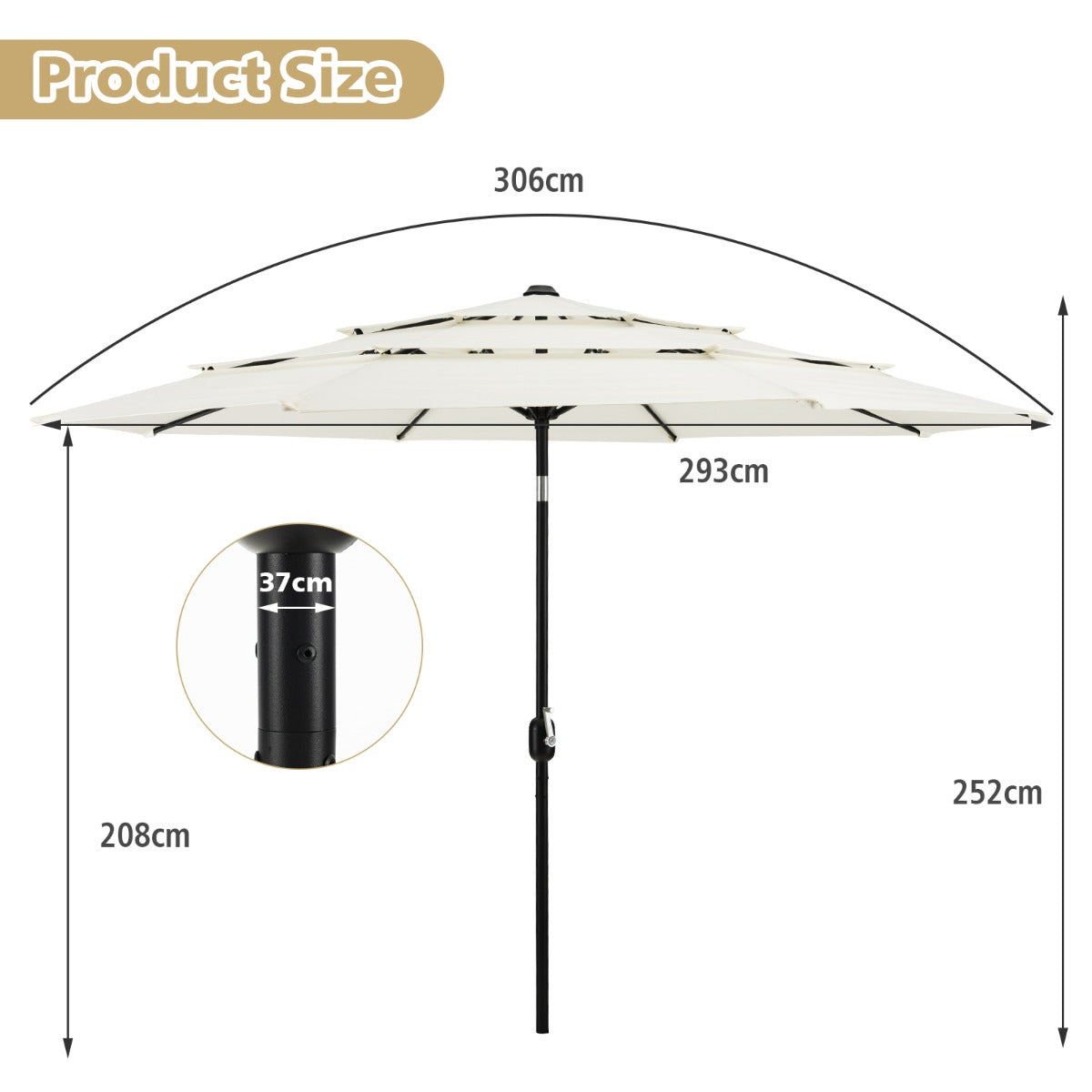 3 Meter Double Vented Outdoor Umbrella with Push Button Tilt and Manual Crank-Beige