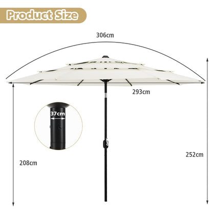3 Meter Double Vented Outdoor Umbrella with Push Button Tilt and Manual Crank-Beige