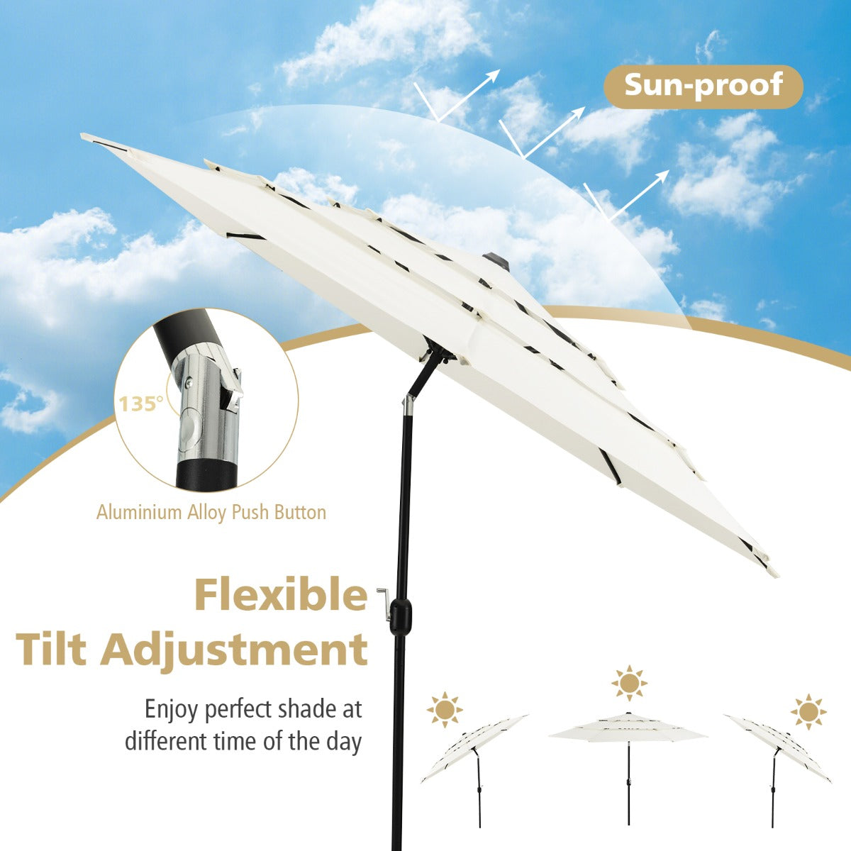 3 Meter Double Vented Outdoor Umbrella with Push Button Tilt and Manual Crank-Beige