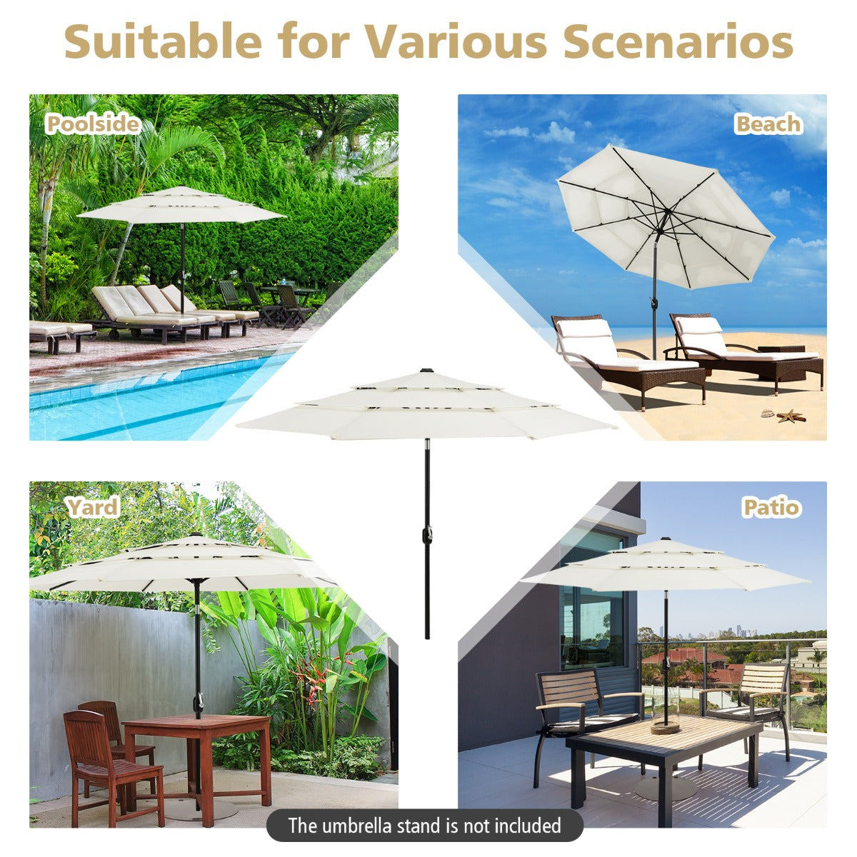 3 Meter Double Vented Outdoor Umbrella with Push Button Tilt and Manual Crank-Beige