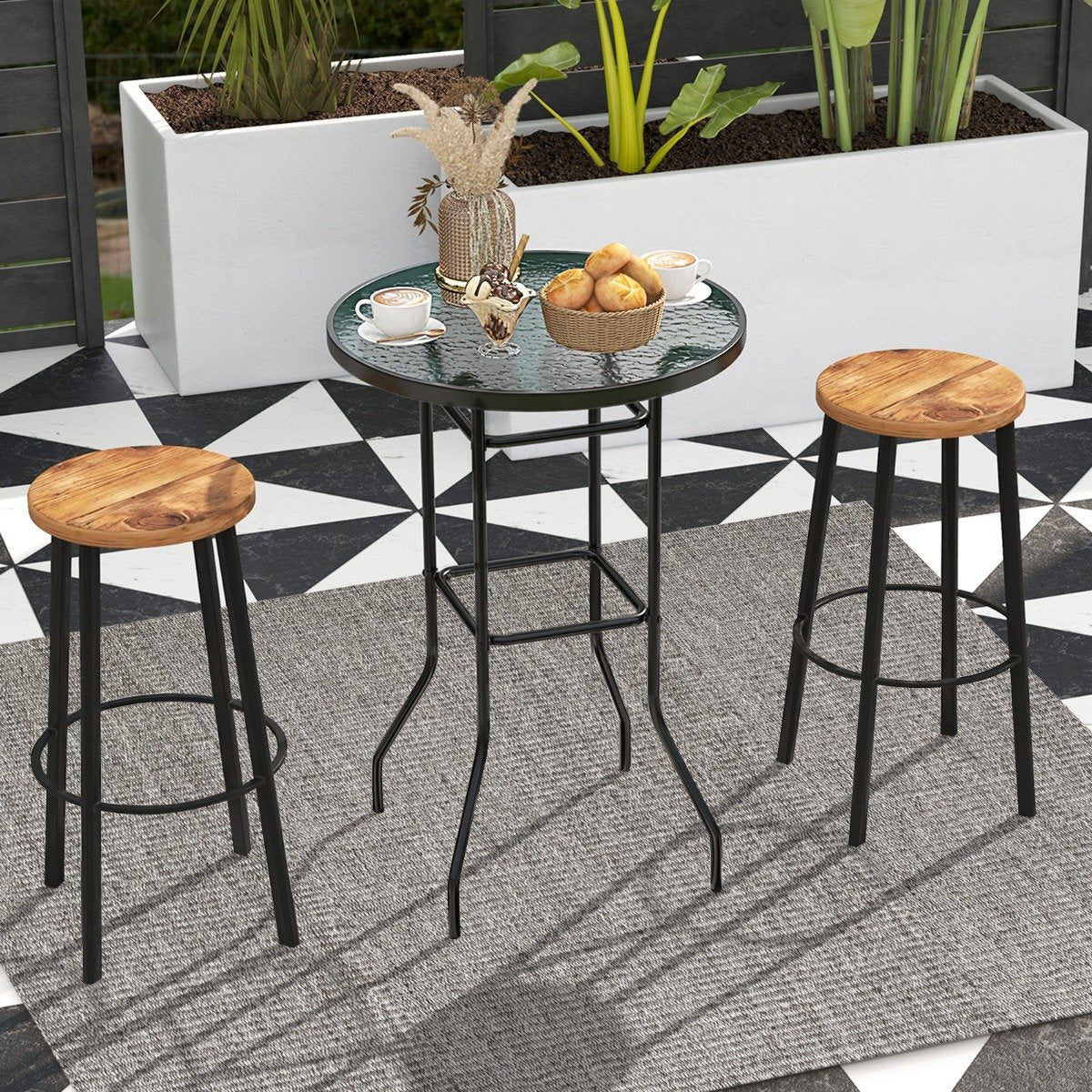 Patio Bar Table with Tempered Glass Tabletop and Heavy-duty Metal Frame