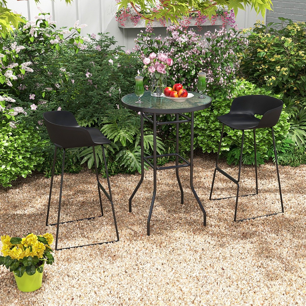 Patio Bar Table with Tempered Glass Tabletop and Heavy-duty Metal Frame