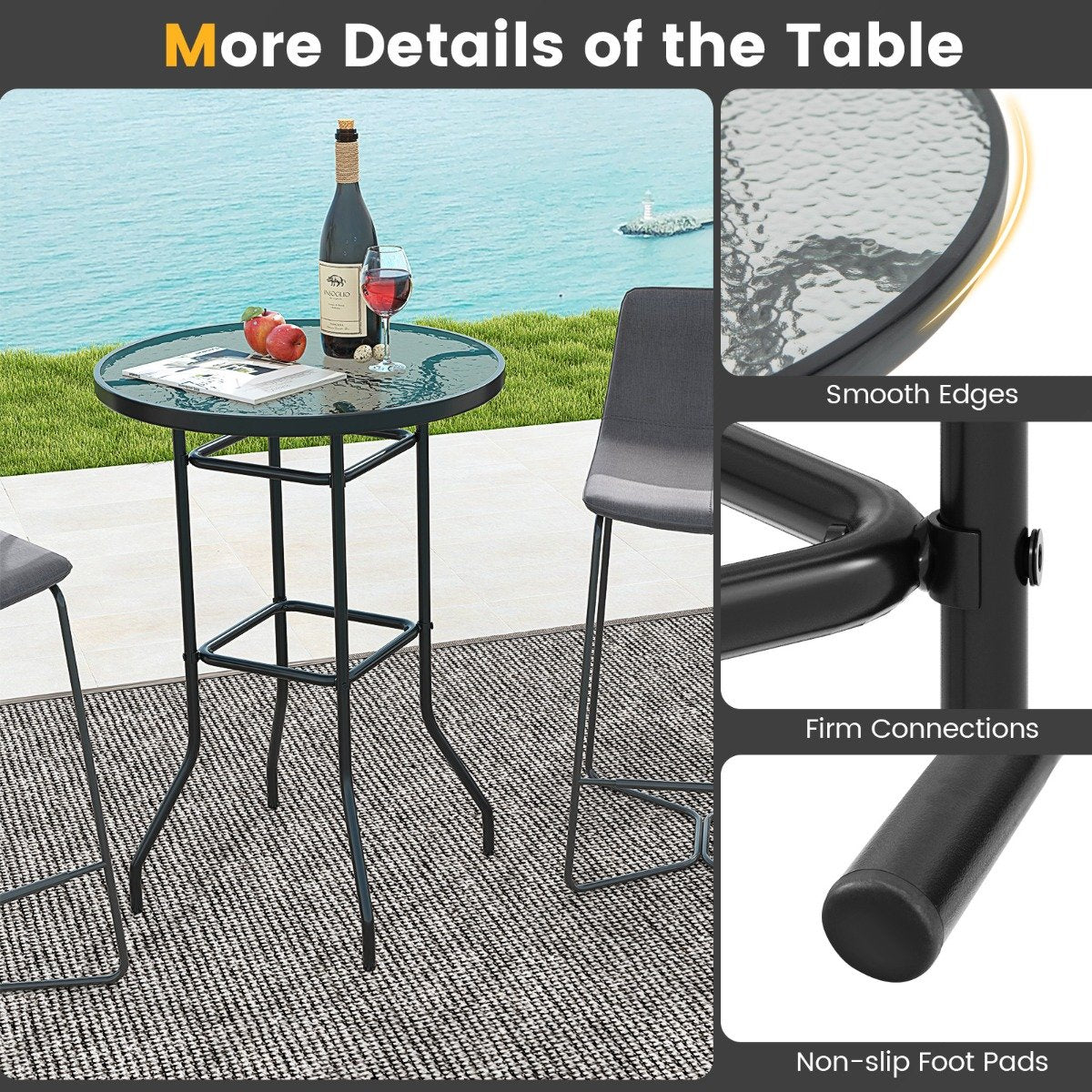 Patio Bar Table with Tempered Glass Tabletop and Heavy-duty Metal Frame
