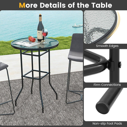 Patio Bar Table with Tempered Glass Tabletop and Heavy-duty Metal Frame