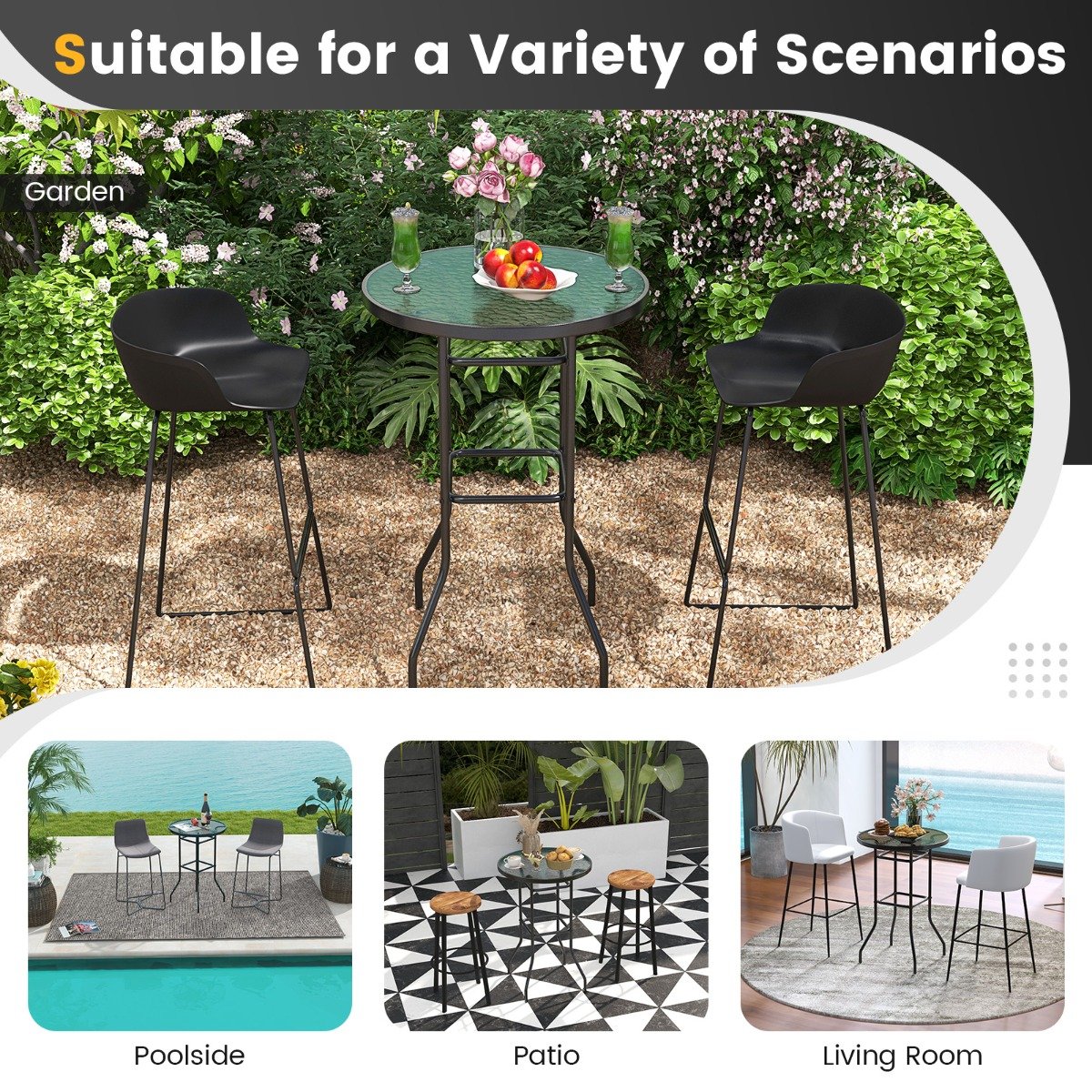 Patio Bar Table with Tempered Glass Tabletop and Heavy-duty Metal Frame