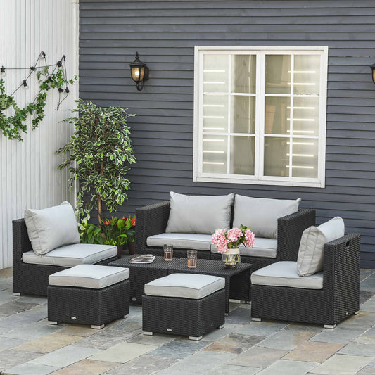 Outsunny 8 Pieces PE Rattan Sofa Set with Cushions, Garden Corner Sofa with 4 Seater Sofa, 2 Footstools and 2 Coffee Table Set, Space-saving Design, No Assembly Required, Black