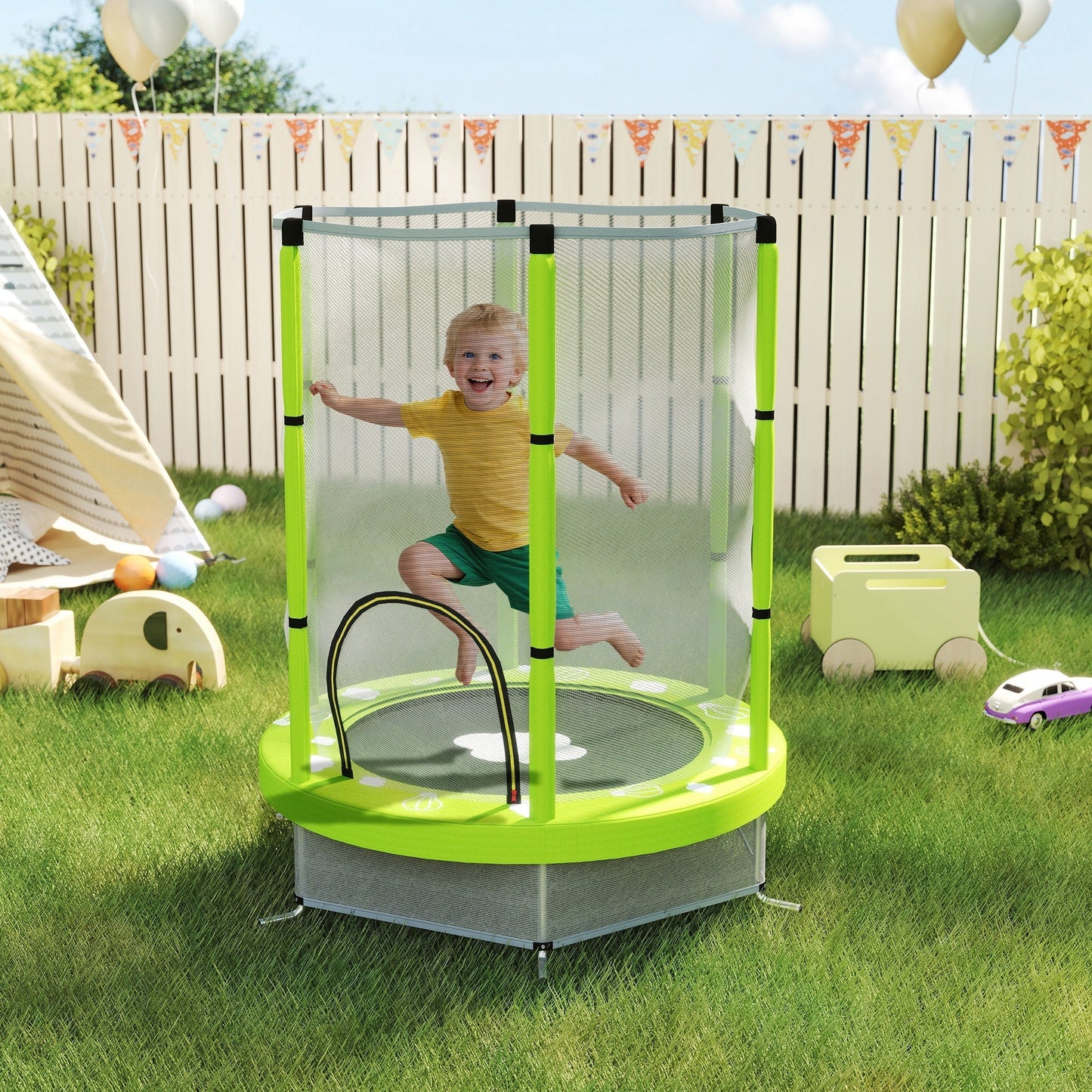AIYAPLAY 4.6ft Toddler Trampoline w/ Safety Enclosure Net, for Indoor Outdoor Use, Ages 3-6 Years, Green