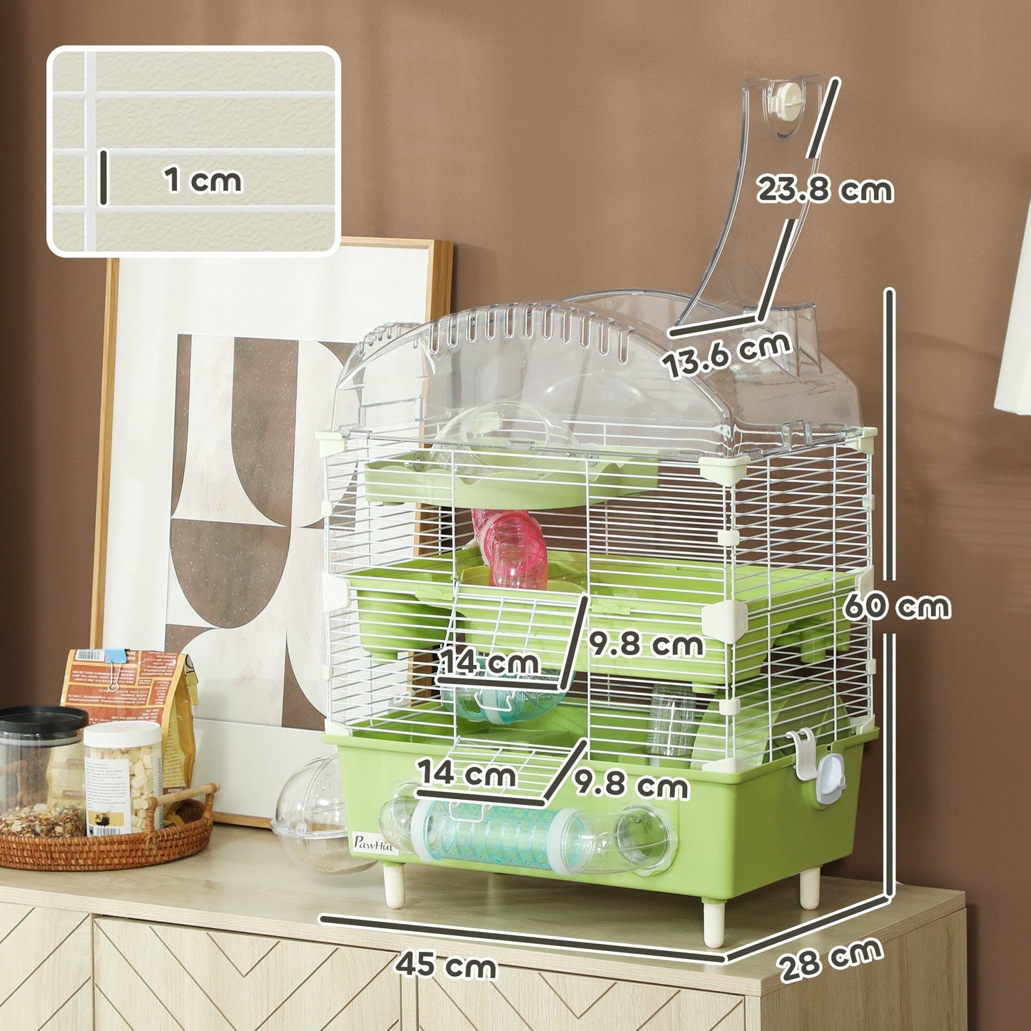 PawHut 3-Tier Hamster Cage with Transparent Top, Sand Bathroom, Exercise Wheel, Hideout Room, Tubes, 45 x 28 x 60 cm, Green