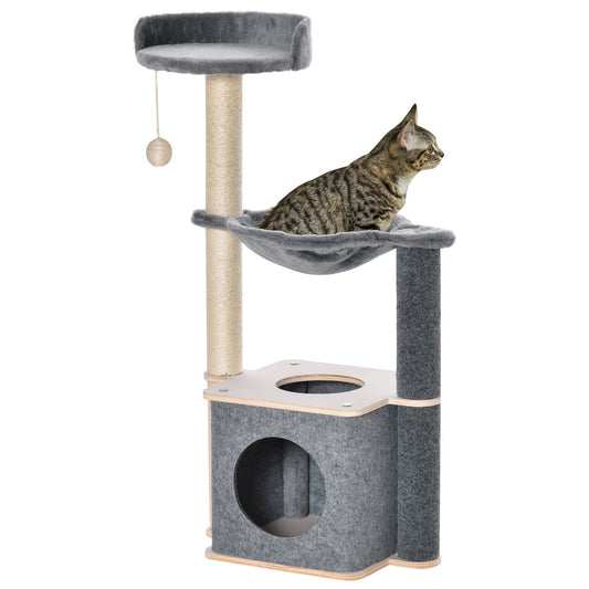 PawHut Cat Tree for Indoor Cats 95cm Climbing Tower Kitten Activity Center with Sisal Scratching Post Perch Roomy Condo Hammock Removable Felt Hanging Toy, Grey