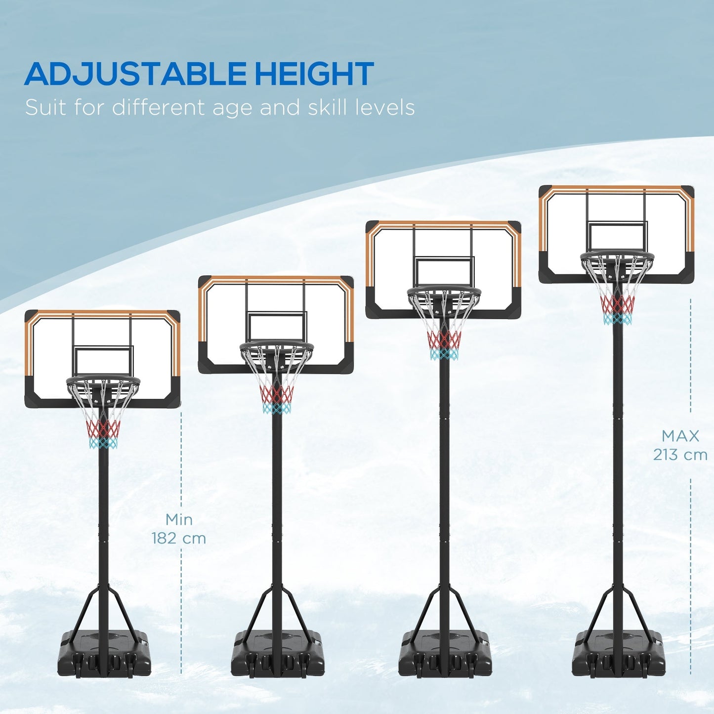 SPORTNOW Height Adjustable Basketball Stand Net Set System, Freestanding Basketball Hoop and Stand with Wheels, 182-213cm - Black