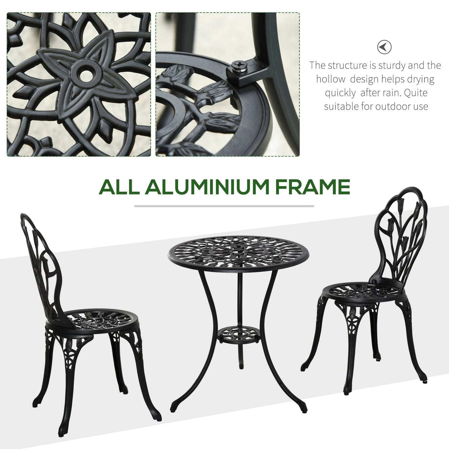 3 Piece Patio Bistro Set, Outdoor Aluminium Garden Table and Chairs with Umbrella Hole for Balcony, Black