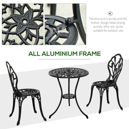 Outsunny Three-Piece Aluminium Floral Bistro Garden Set - Black