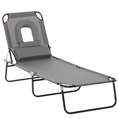 Outsunny Sun Lounger Foldable Reclining Chair with Pillow and Reading Hole Garden Beach Outdoor Recliner Adjustable Grey