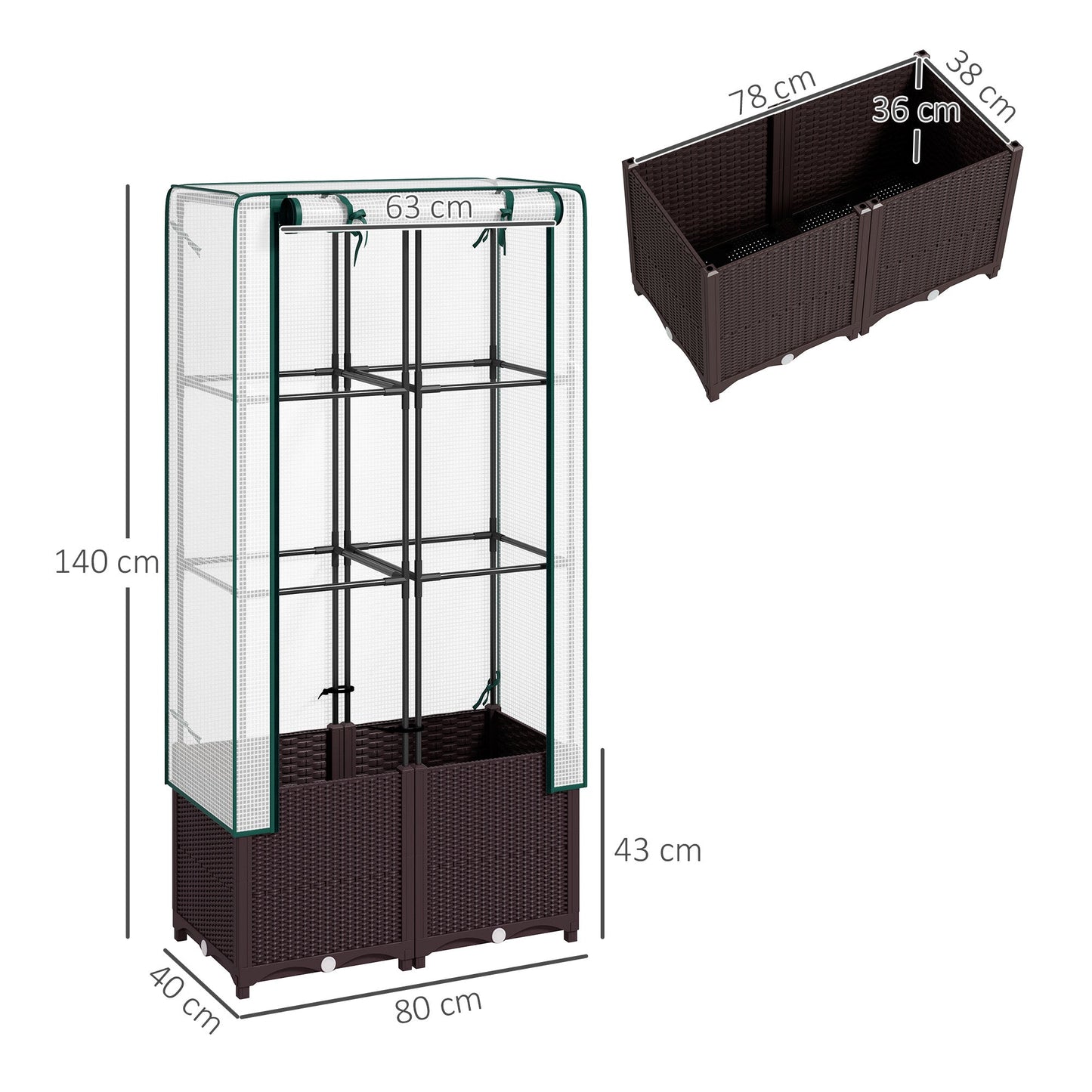 Outsunny Raised Garden Bed with Trellis, Plastic Planter Box with PE Cover, Drainage Holes and Drain Plugs for Climbing Plants, Vegetables, Flowers, 80 x 40 x 140 cm