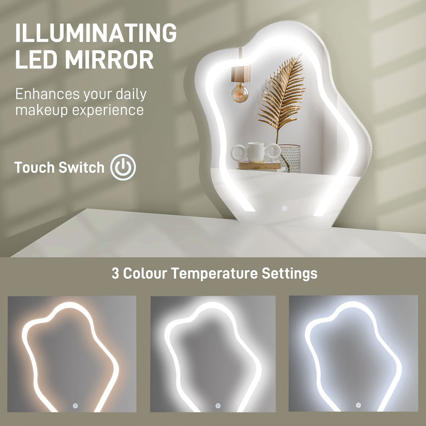 HOMCOM LED Lighted Dressing Table with Leaf Shape Mirror, Modern Vanity Desk with 5 Drawers, Makeup Desk with Fluted Panels, White