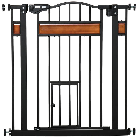 Bramka zabezpieczająca PawHut Pet Gate z drzwiczkami dla kota, zamykana automatycznie, na schody, drzwi, korytarze, szerokość 74-80 cm - czarna