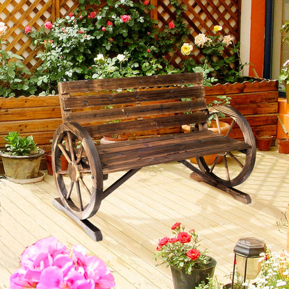 Outsunny 2 Seater Garden Bench with Wooden Cart Wagon Wheel Rustic High Back Brown