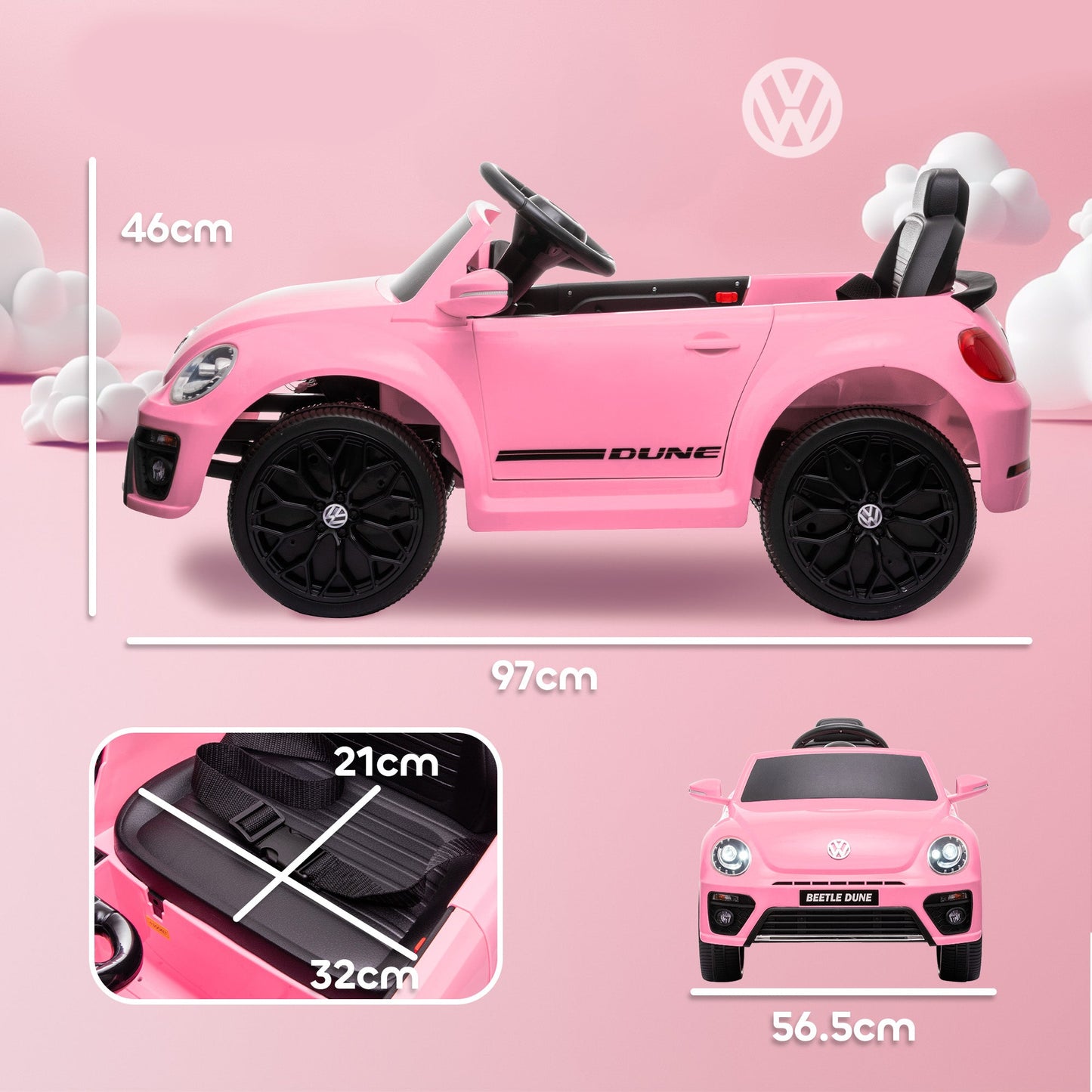 Samochód jeździk AIYAPLAY Volkswagen Beetle z licencją 12V, z pilotem, zawieszeniem kół, łagodnym rozruchem, światłami, muzyką, różowy