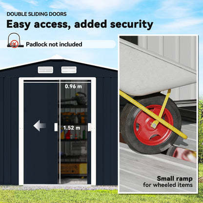 Outsunny 9 x 6ft Metal Bicycle Shed, Outdoor Storage Tool House with Ventilation Slots, Foundation Kit and Lockable Double Doors, Dark Grey