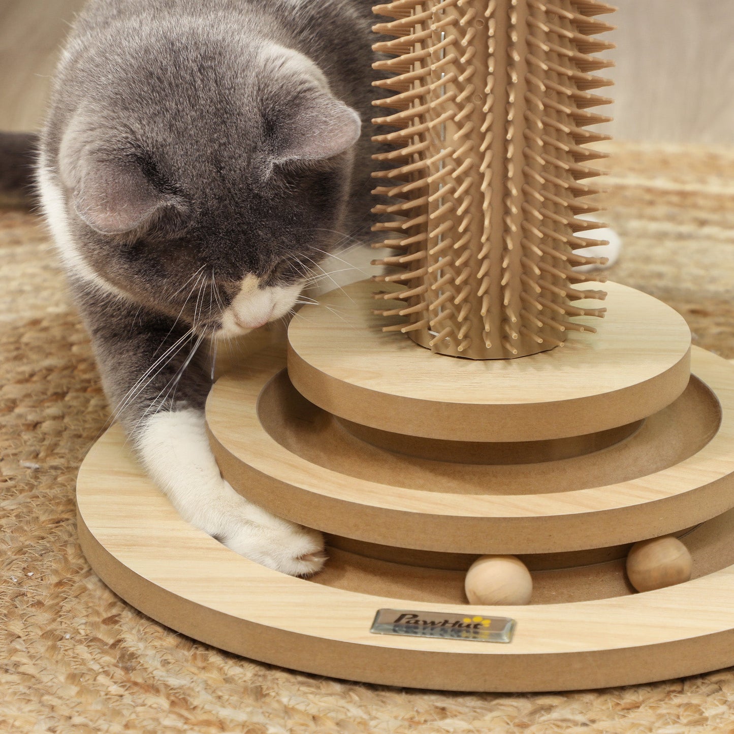 PawHut 49cm 5 in 1 Cat Scratching Post with Sisal Post, Track Ball, Self Grooming Brush, Hanging Toy Ball, Feather, Oak Tone