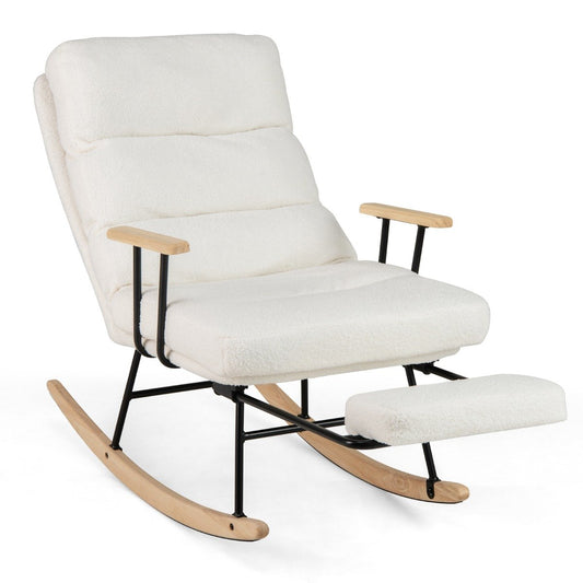 Nursery Rocking Chair Teddy Velvet Upholstered Rocking Chair-White