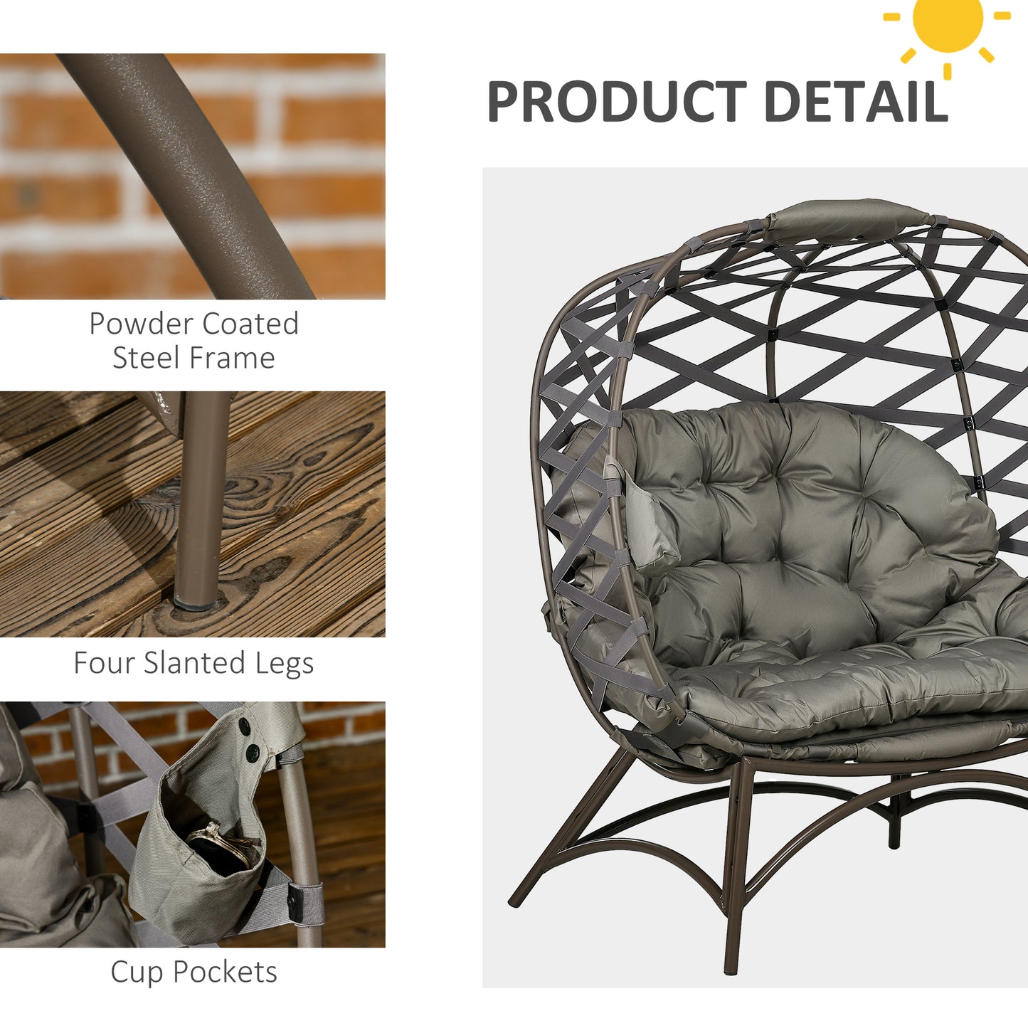 Fotel ogrodowy Outsunny 2-osobowy Egg Chair Outdoor, składany, pleciony, z poduszką i kieszeniami na kubki – piaskowo-brązowy