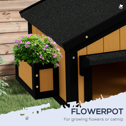 PawHut Wooden Cat House with Flower Pot, Windows, Multiple Entrances, Water-Resistant Roof for Outdoor - Yellow