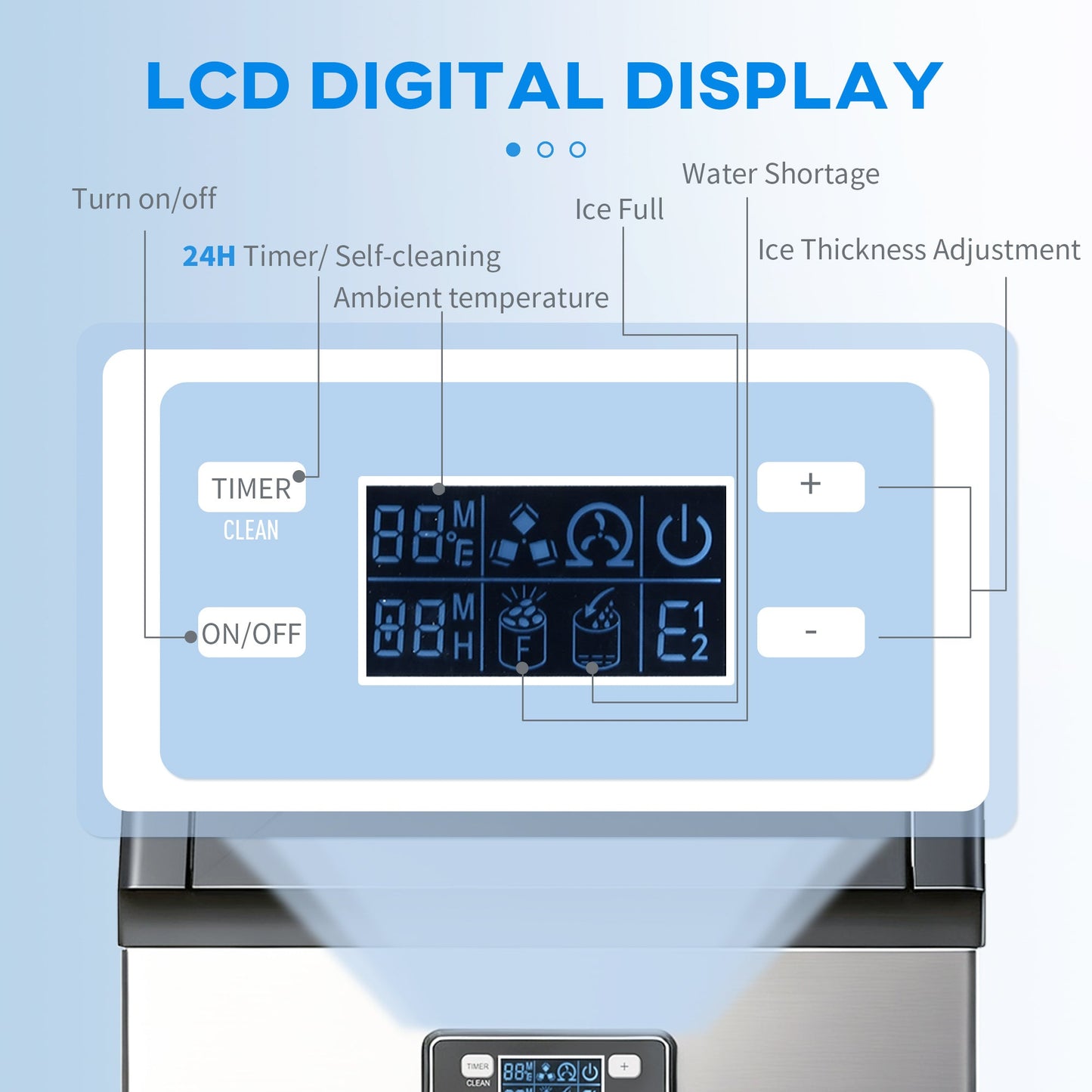 HOMCOM Commercial Ice Maker Machine, Freestanding Stainless Steel Ice Machine with Self-Cleaning, LCD Display, 45kg/24 Hours and 11kg Storage for Home, Office, Bar, Restaurant