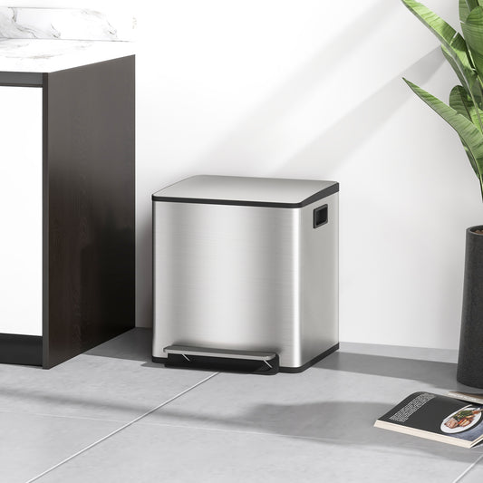 HOMCOM 30L Dual Compartment Stainless Steel Bin, with Deodoriser Holders - Silver Tone
