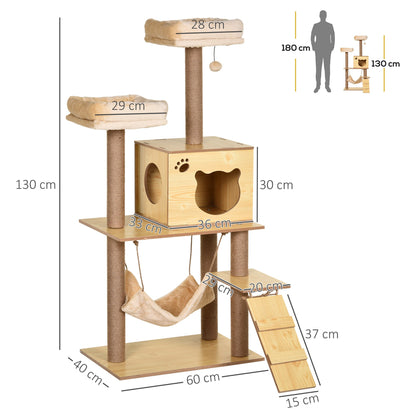 PawHut 130cm Cat Tree for Indoor Cats, Multi-Level Plush Cat Tower, with Five Scratching Posts, Two Perches, Cat House, Hammock