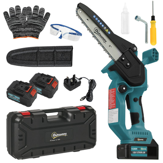 Outsunny 8 Inch Electric Chainsaw, Cordless Mini Chain Saw with Brushless Motor, 2 x 4000mAh Batteries and Safety Lock, Handheld Portable Wood Pruning Saw for Trimming Cutting, Blue