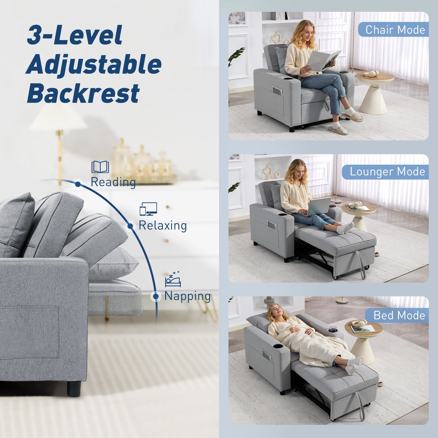 HOMCOM 3-in-1 Single Sofa Bed, Convertible Sleeper Chair Bed - Light Grey