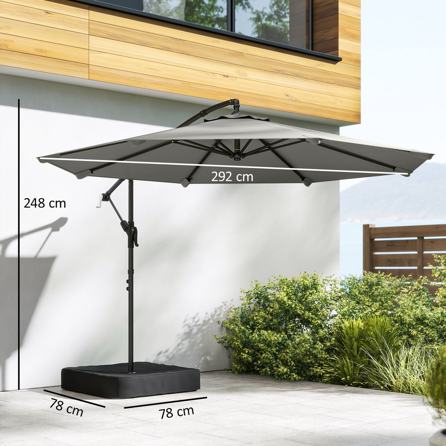 Outsunny 3 m Garden Cantilever Parasol with Cross Base, Sandbag, 360Â° Rotating Overhanging Banana Umbrella, Grey