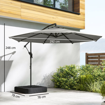 Outsunny 3 m Garden Cantilever Parasol with Cross Base, Sandbag, 360Â° Rotating Overhanging Banana Umbrella, Grey