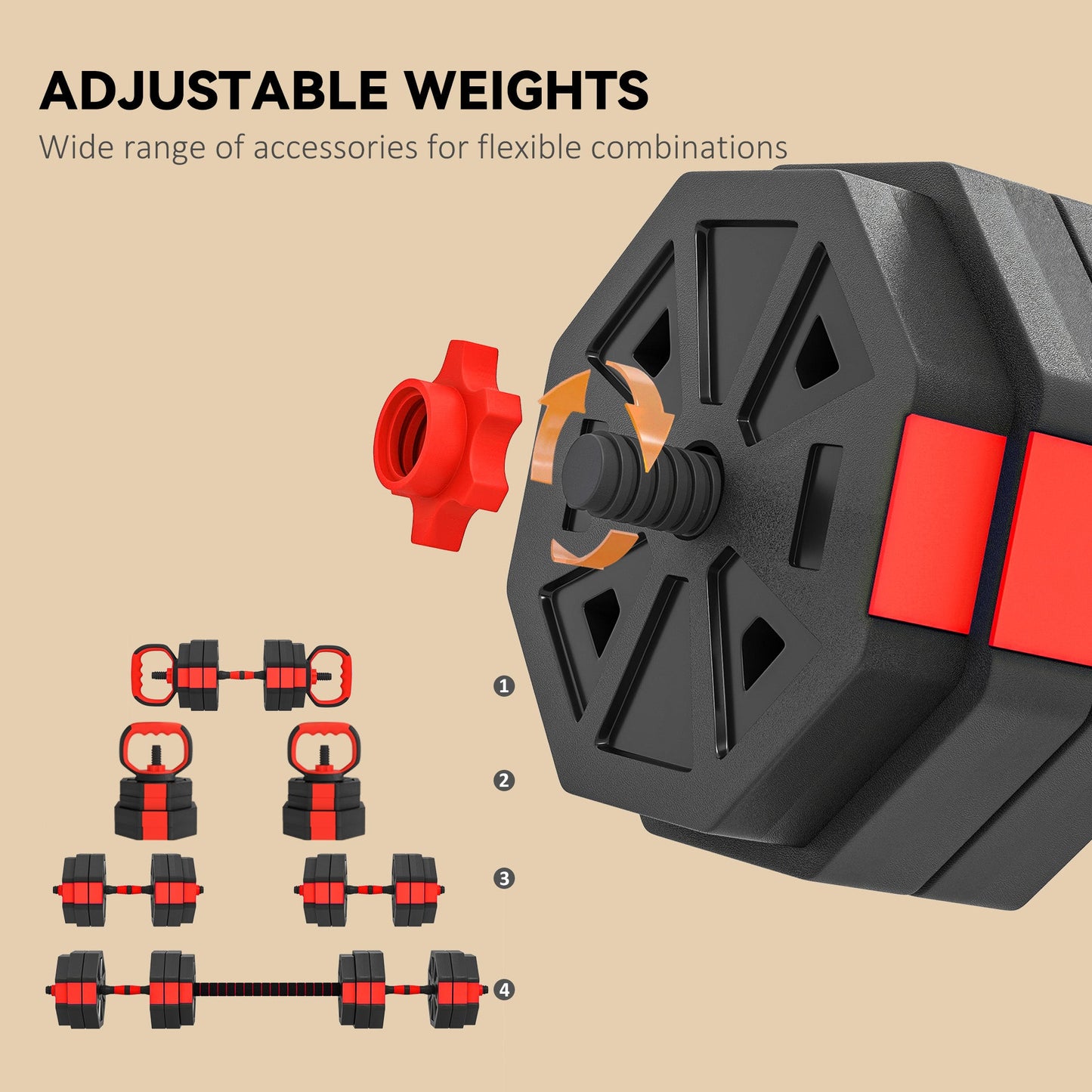 SPORTNOW 6-in-1 Adjustable Weight Dumbbells Set, Used as Kettlebell, Barbell, Dumbbell, Push-Up Stand, 30kg Free Weights Set for Men and Women Home Gym Training, Red