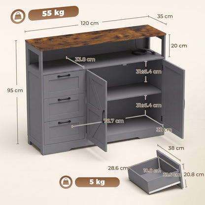 HOMCOM Sideboard Cabinet with Power Outlet, Farmhouse Kitchen Cabinet with 3 Drawers and Open Shelf, Grey