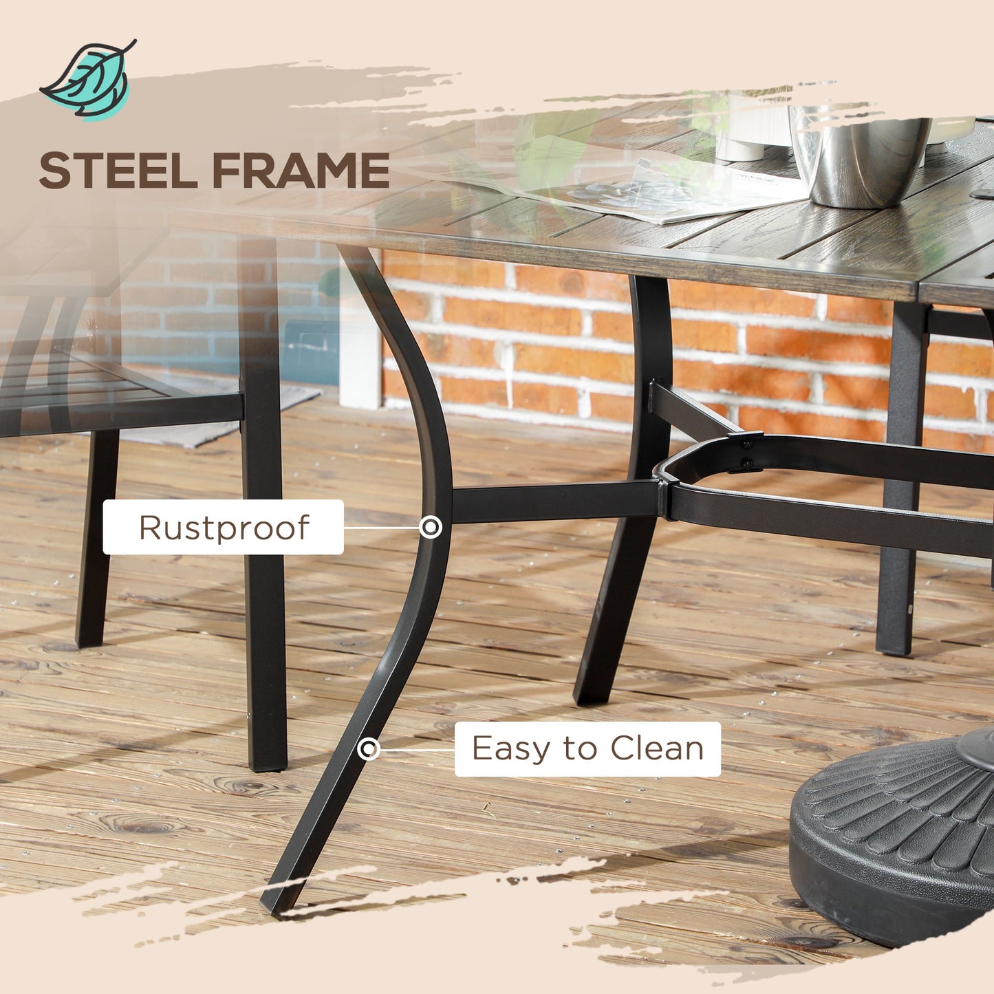 Stół ogrodowy Outsunny Six-Seater Steel, z otworem na parasol √¢≈í‚Ç¨41mm - imitacja drewna