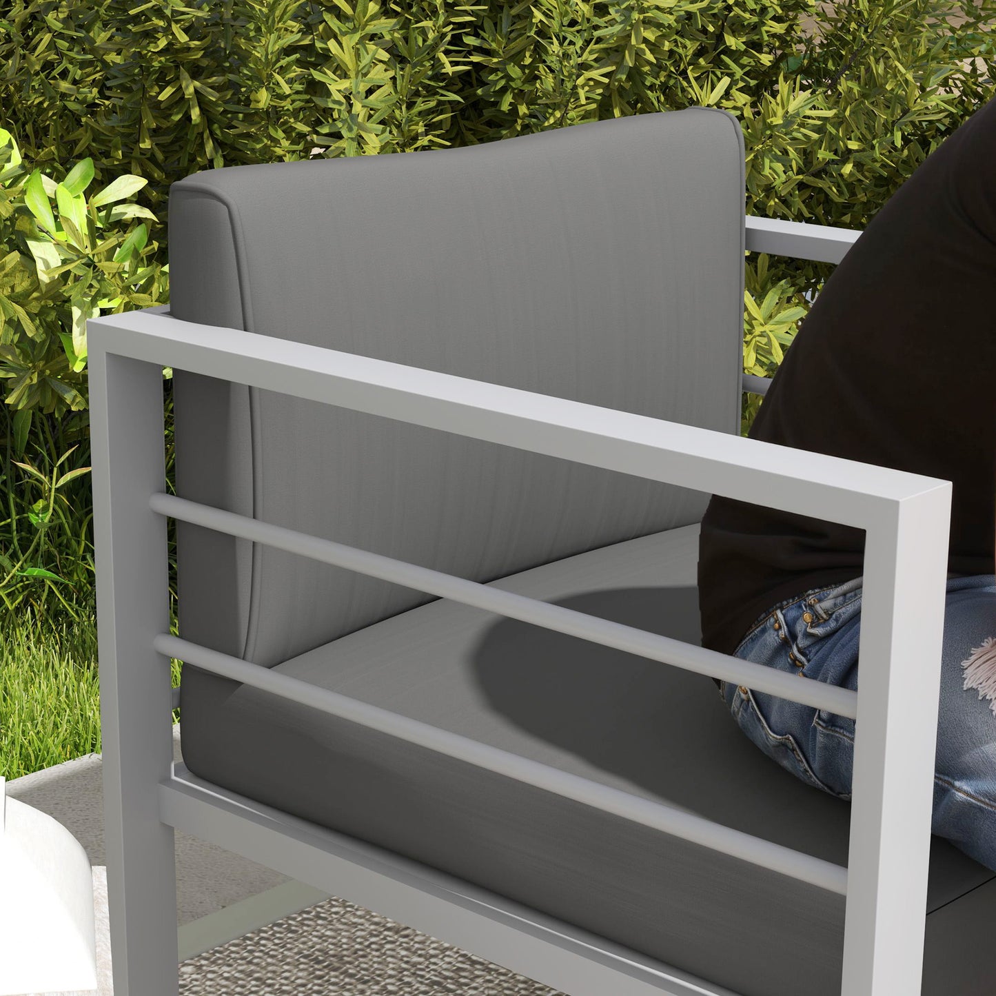 Sofa ogrodowa Outsunny, sofa ogrodowa pojedyncza na każdą pogodę ze zdejmowanymi poduszkami, metalowa rama mebli ogrodowych na balkon, antracyt