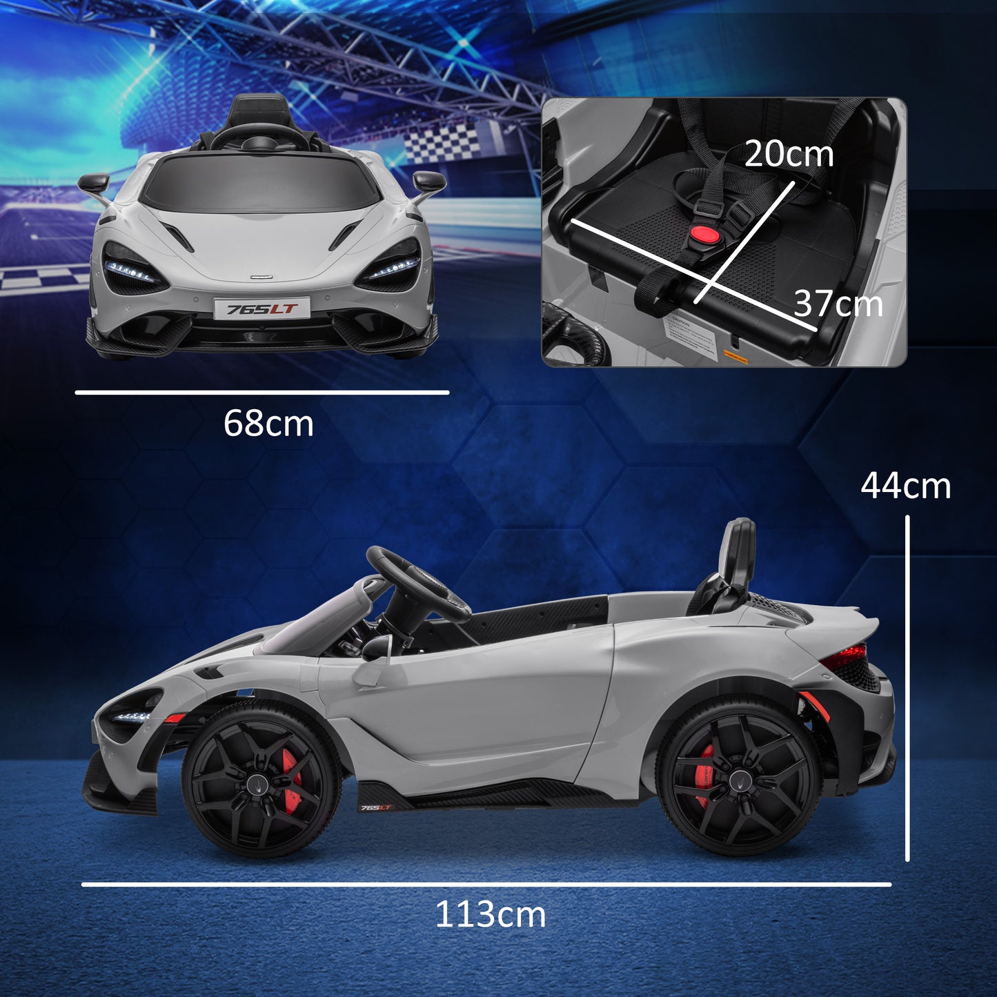 سيارة كهربائية للأطفال مرخصة من AIYAPLAY McLaren 765LT بقوة 12 فولت مع أبواب على شكل فراشة وعجلات نقل تعمل بالتحكم عن بعد باللون الرمادي