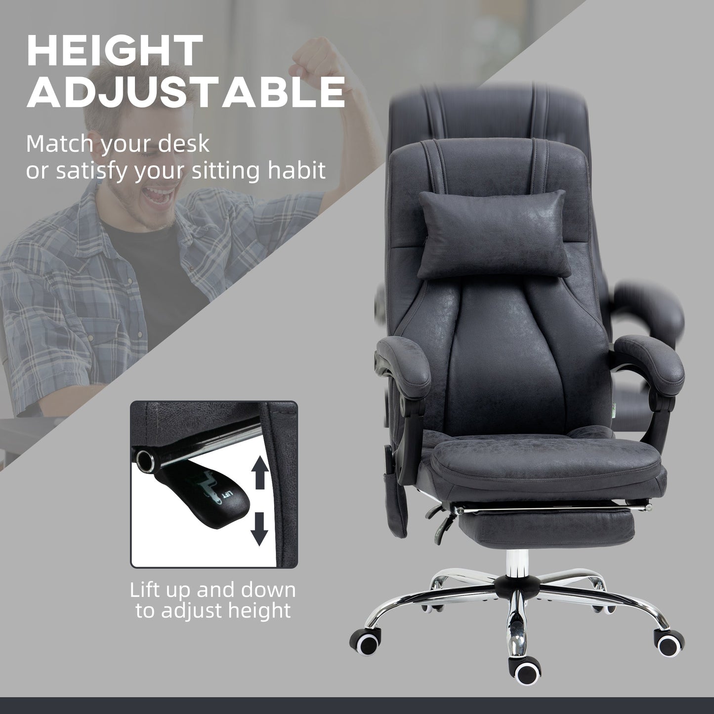 Vinsetto Office Chair with Lumbar Massage, 135 Reclining Computer Chair with Adjustable Headrest, Retractable Footrest, 10cm Double Padded Seat, Microfiber Fabric, Metal Base, Dark Grey