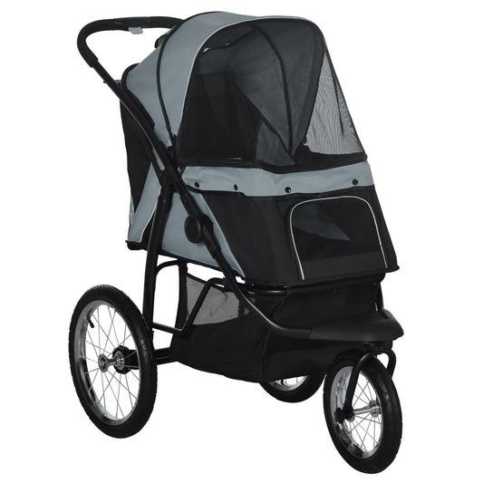 PawHut Dog Pram Dog Stroller Jogger Foldable Pet Pushchair for Medium, Small Dogs, w/ Rubber Wheels, Washable Cushion - Grey