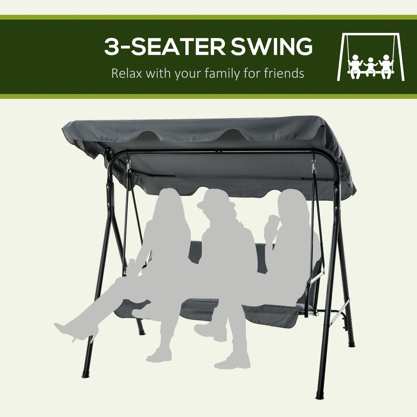 Outsunny 3-Seat Swing Chair Garden Swing Seat with Adjustable Canopy for Patio, Grey